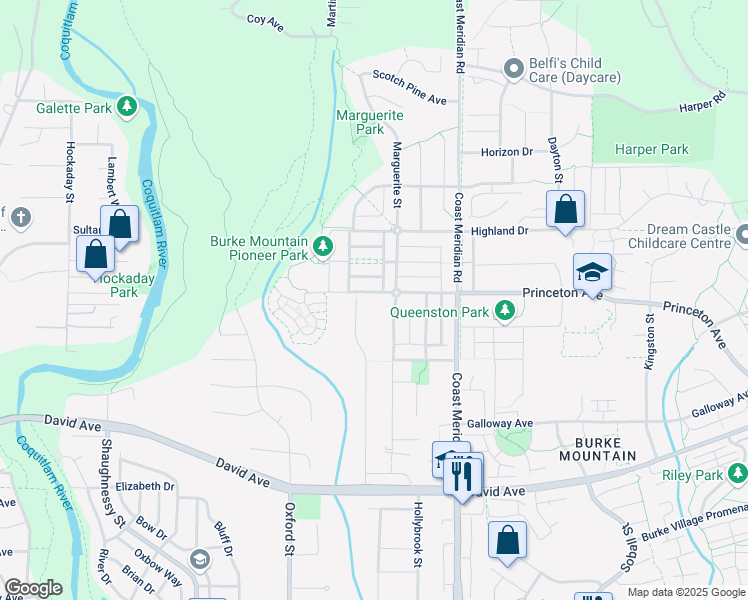 map of restaurants, bars, coffee shops, grocery stores, and more near 3360 Princeton Avenue in Coquitlam
