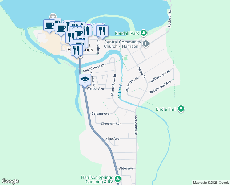 map of restaurants, bars, coffee shops, grocery stores, and more near 403 Miami River Drive in Harrison Hot Springs