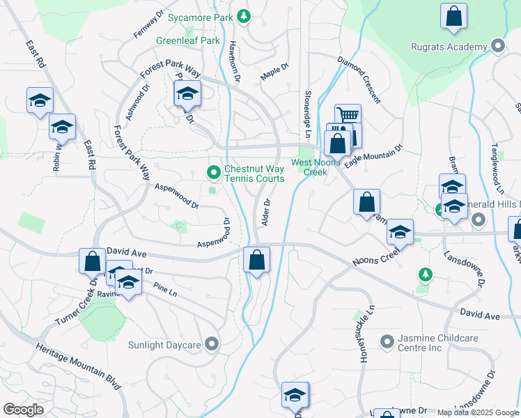 map of restaurants, bars, coffee shops, grocery stores, and more near 6 Alder Drive in Port Moody