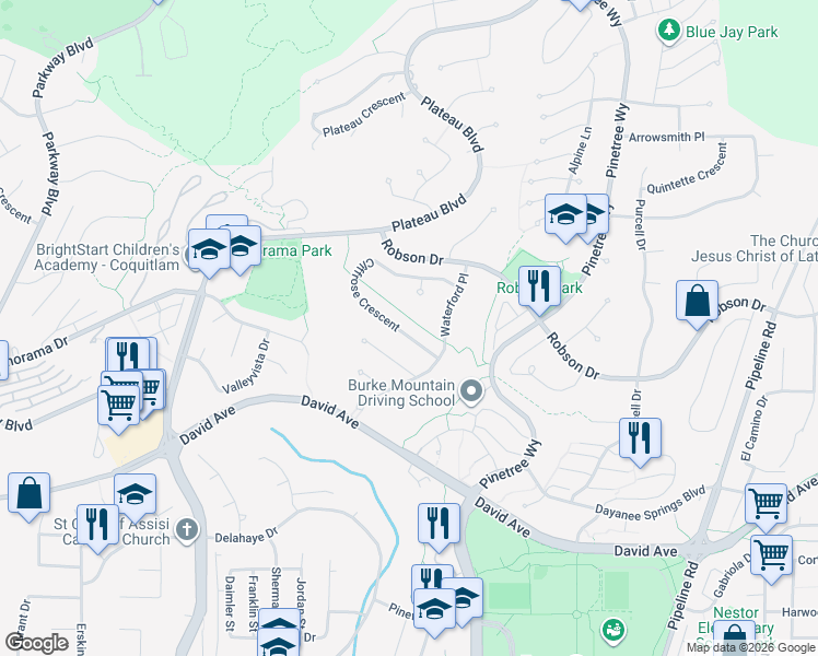map of restaurants, bars, coffee shops, grocery stores, and more near 2911 Cliffrose Crescent in Coquitlam