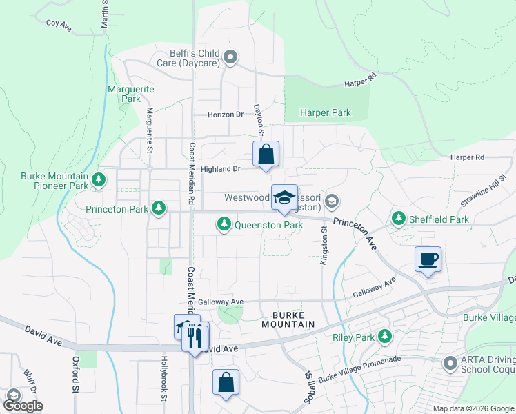 map of restaurants, bars, coffee shops, grocery stores, and more near 1402 Dayton Street in Coquitlam
