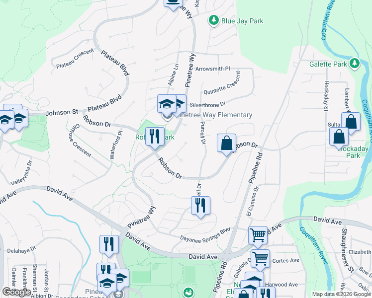 map of restaurants, bars, coffee shops, grocery stores, and more near 1415 Garibaldi Place in Coquitlam