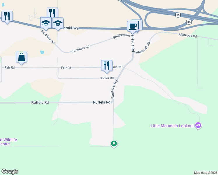 map of restaurants, bars, coffee shops, grocery stores, and more near 1120 Bellevue Road in Parksville