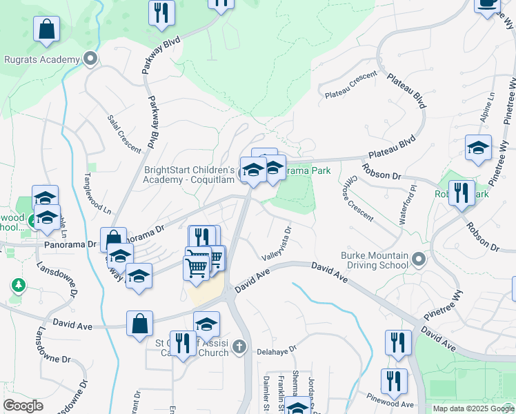 map of restaurants, bars, coffee shops, grocery stores, and more near 1400 Meadowview Court in Coquitlam