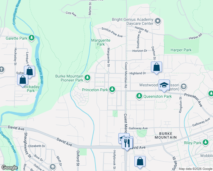 map of restaurants, bars, coffee shops, grocery stores, and more near 1412 Marguerite Street in Coquitlam