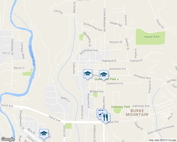 map of restaurants, bars, coffee shops, grocery stores, and more near 1412 Marguerite Street in Coquitlam