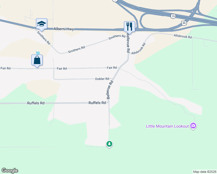 map of restaurants, bars, coffee shops, grocery stores, and more near 1120 Bellevue Road in Parksville