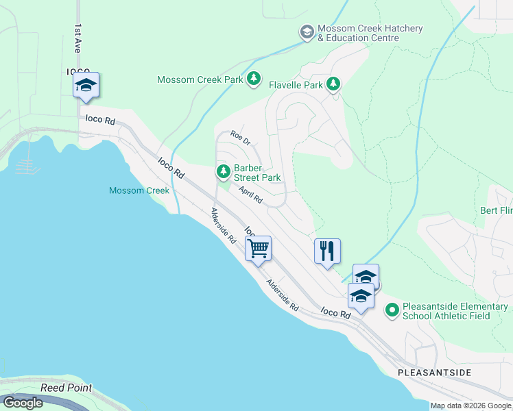 map of restaurants, bars, coffee shops, grocery stores, and more near 136 April Road in Port Moody