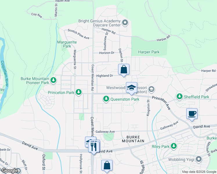 map of restaurants, bars, coffee shops, grocery stores, and more near 3412 Derbyshire Avenue in Coquitlam