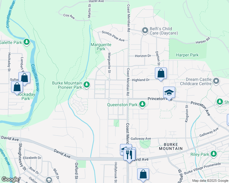 map of restaurants, bars, coffee shops, grocery stores, and more near 3374 Watkins Avenue in Coquitlam