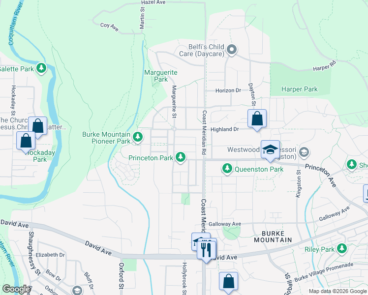map of restaurants, bars, coffee shops, grocery stores, and more near 3376 Watkins Avenue in Coquitlam