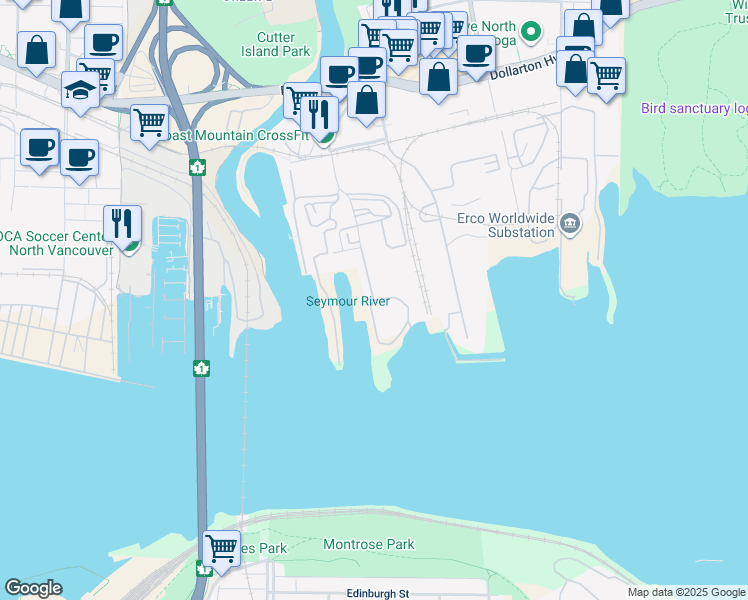 map of restaurants, bars, coffee shops, grocery stores, and more near 17 Riverside Drive West in North Vancouver