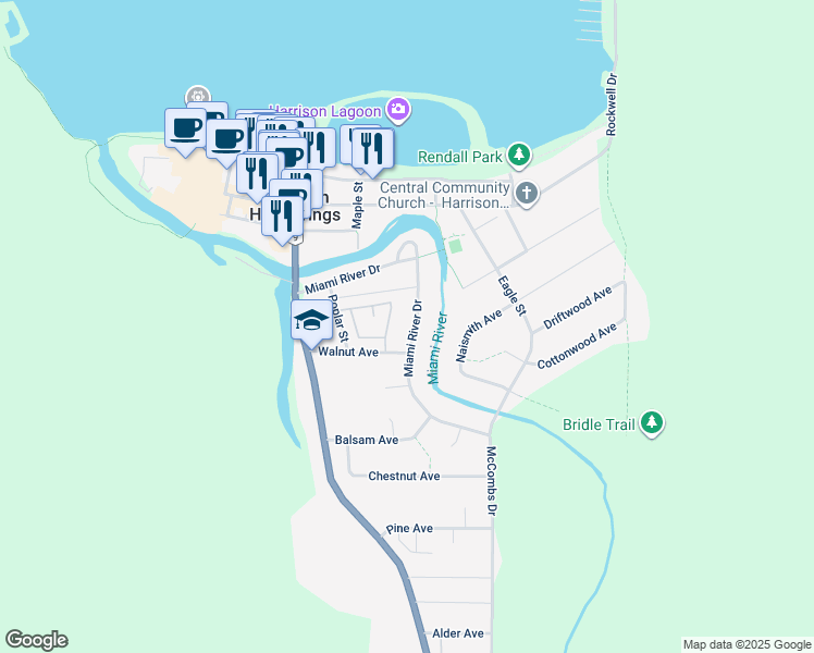 map of restaurants, bars, coffee shops, grocery stores, and more near 322 Miami River Drive in Harrison Hot Springs