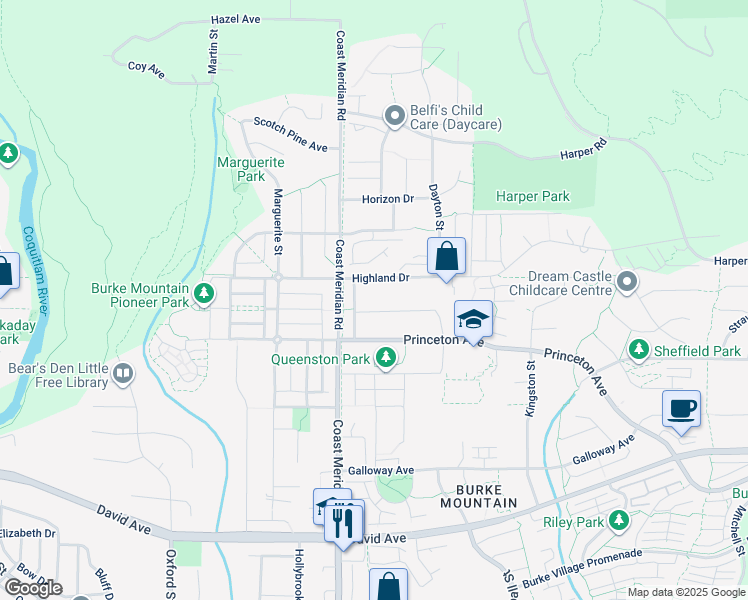 map of restaurants, bars, coffee shops, grocery stores, and more near 3399 Derbyshire Avenue in Coquitlam
