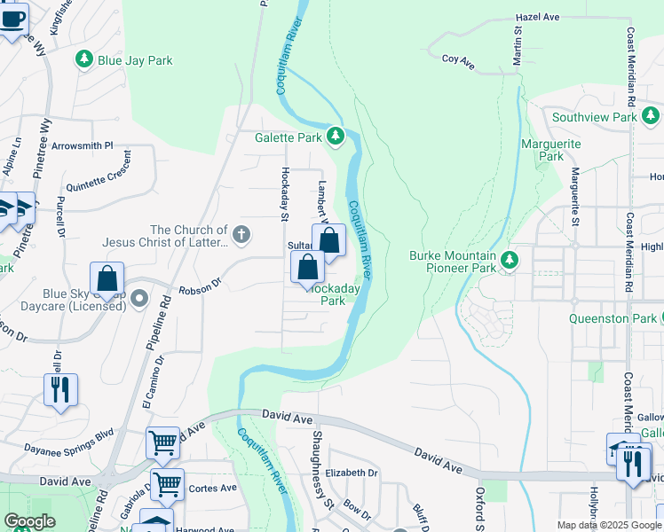 map of restaurants, bars, coffee shops, grocery stores, and more near 3325 Banner Place in Coquitlam