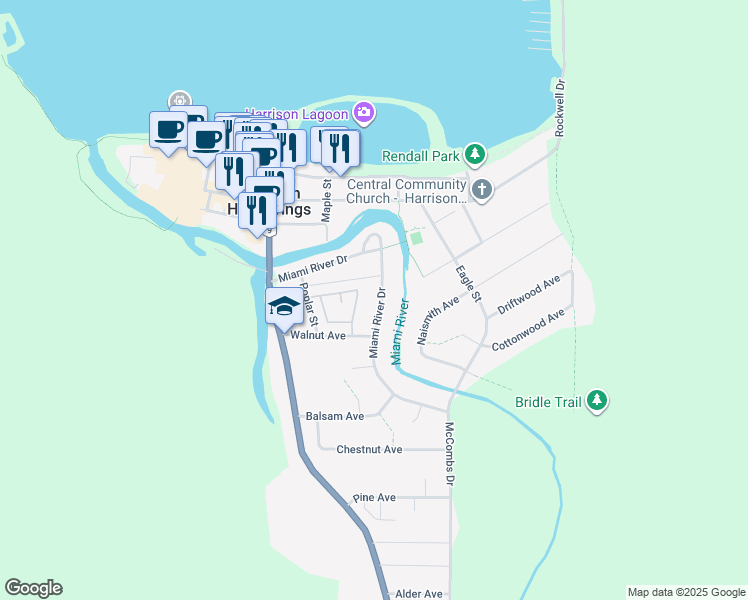 map of restaurants, bars, coffee shops, grocery stores, and more near 318 Miami River Drive in Harrison Hot Springs