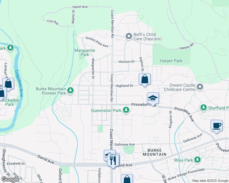 map of restaurants, bars, coffee shops, grocery stores, and more near 1418 Duchess Street in Coquitlam