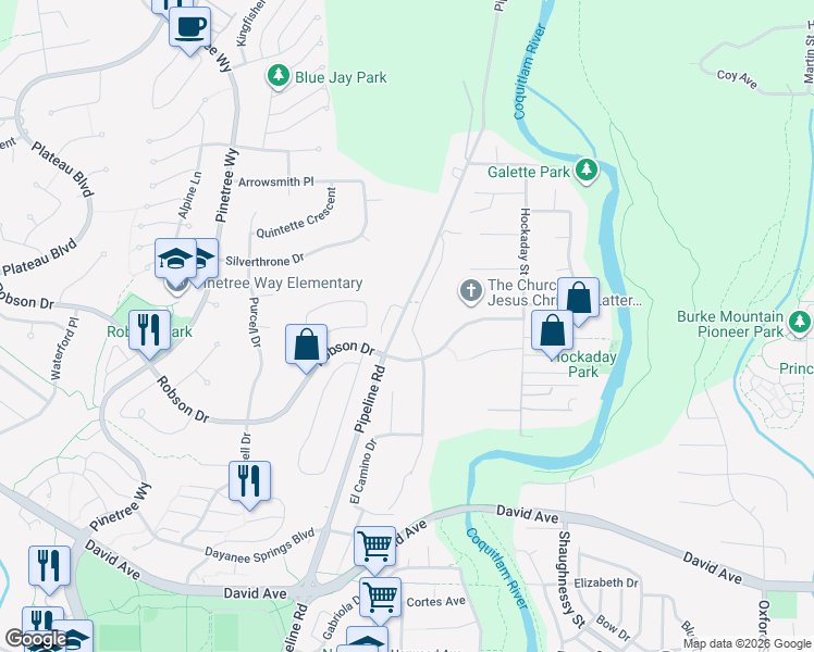 map of restaurants, bars, coffee shops, grocery stores, and more near 1415 Pipeline Road in Coquitlam