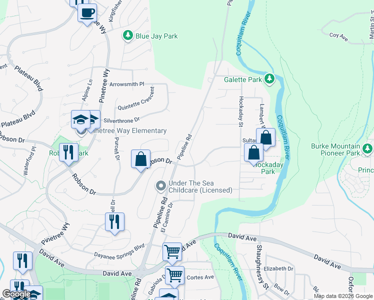 map of restaurants, bars, coffee shops, grocery stores, and more near 3309 Robson Drive in Coquitlam