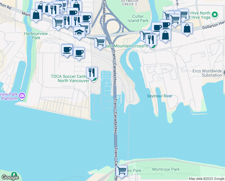 map of restaurants, bars, coffee shops, grocery stores, and more near 1681 Columbia Street in North Vancouver