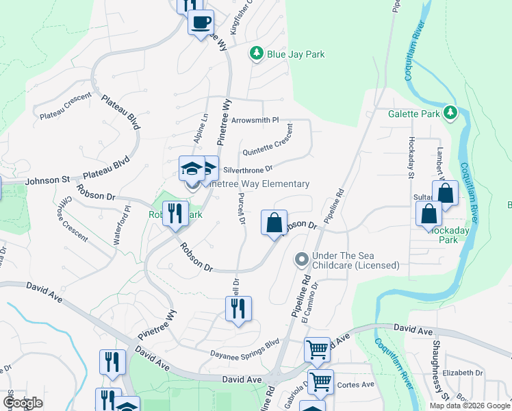 map of restaurants, bars, coffee shops, grocery stores, and more near 3107 Azure Court in Coquitlam