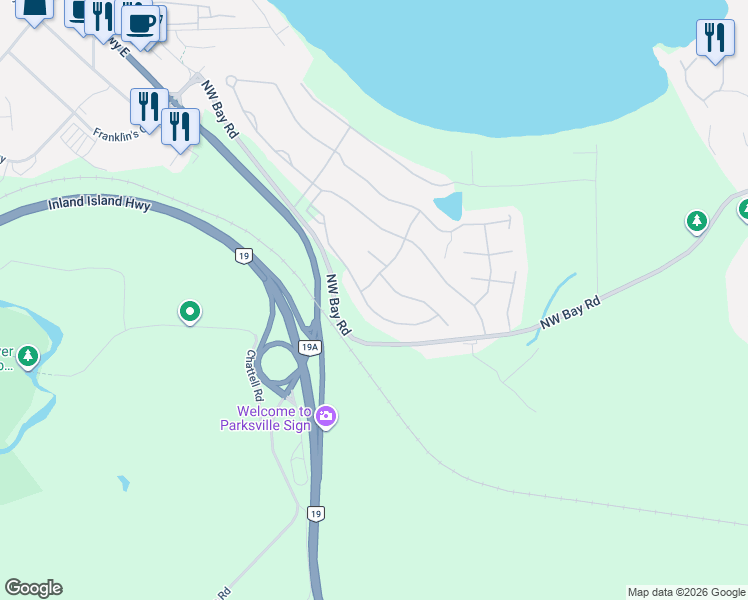 map of restaurants, bars, coffee shops, grocery stores, and more near 1362 Britannia Drive in Parksville