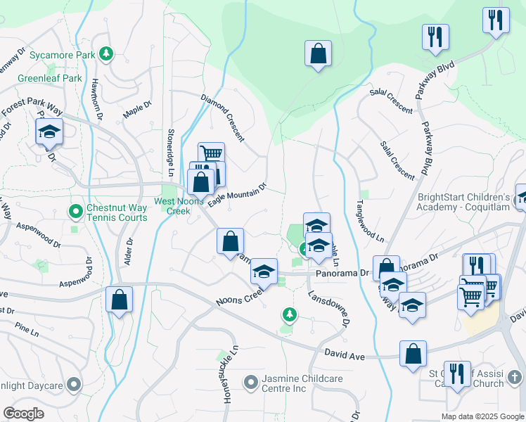 map of restaurants, bars, coffee shops, grocery stores, and more near 1527 Greenstone Court in Coquitlam