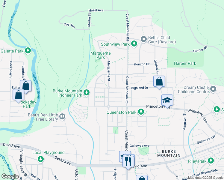 map of restaurants, bars, coffee shops, grocery stores, and more near 3370 Highland Drive in Coquitlam