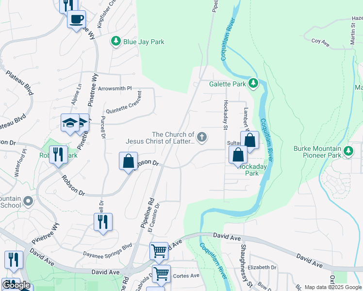 map of restaurants, bars, coffee shops, grocery stores, and more near 1415 Pipeline Place in Coquitlam