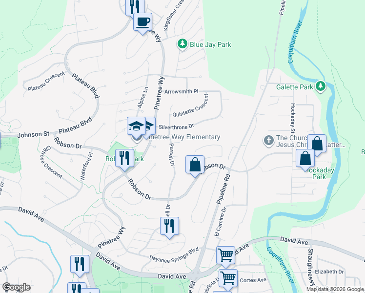 map of restaurants, bars, coffee shops, grocery stores, and more near 3108 Whitehorn Court in Coquitlam