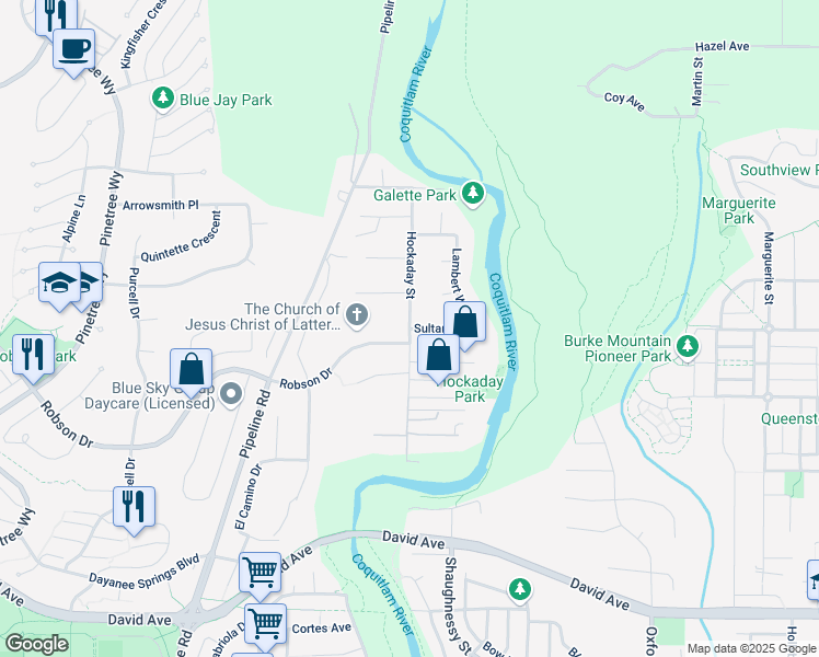 map of restaurants, bars, coffee shops, grocery stores, and more near Hockaday Street in Coquitlam