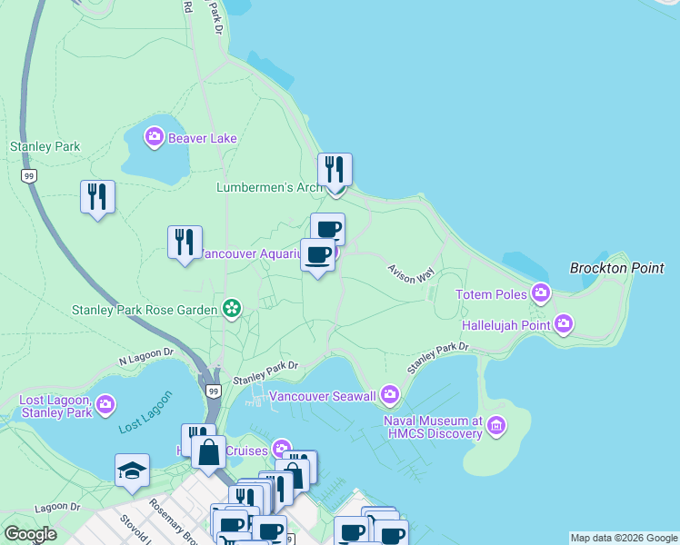 map of restaurants, bars, coffee shops, grocery stores, and more near Avison Way in Vancouver