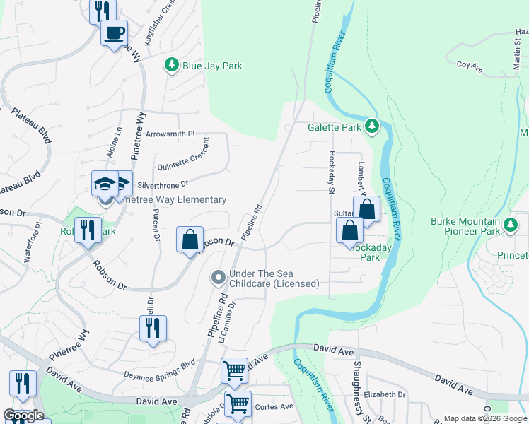 map of restaurants, bars, coffee shops, grocery stores, and more near 1419 Pipeline Road in Coquitlam