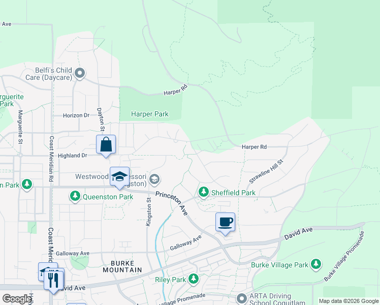 map of restaurants, bars, coffee shops, grocery stores, and more near 3534 Highland Drive in Coquitlam