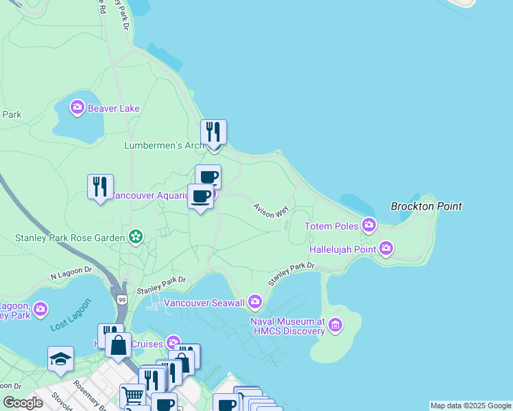 map of restaurants, bars, coffee shops, grocery stores, and more near Avison Way in Vancouver