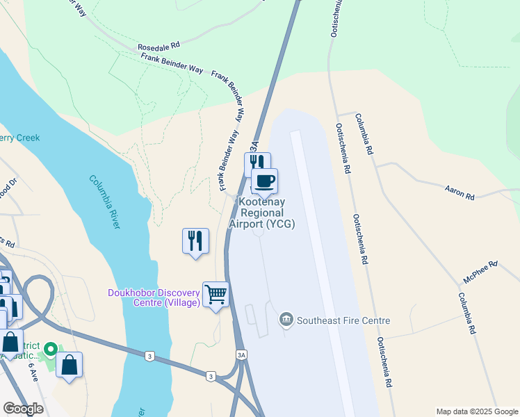 map of restaurants, bars, coffee shops, grocery stores, and more near Hughes Road in Castlegar