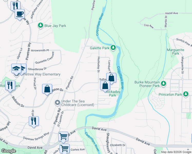 map of restaurants, bars, coffee shops, grocery stores, and more near 1422 Hockaday Street in Coquitlam
