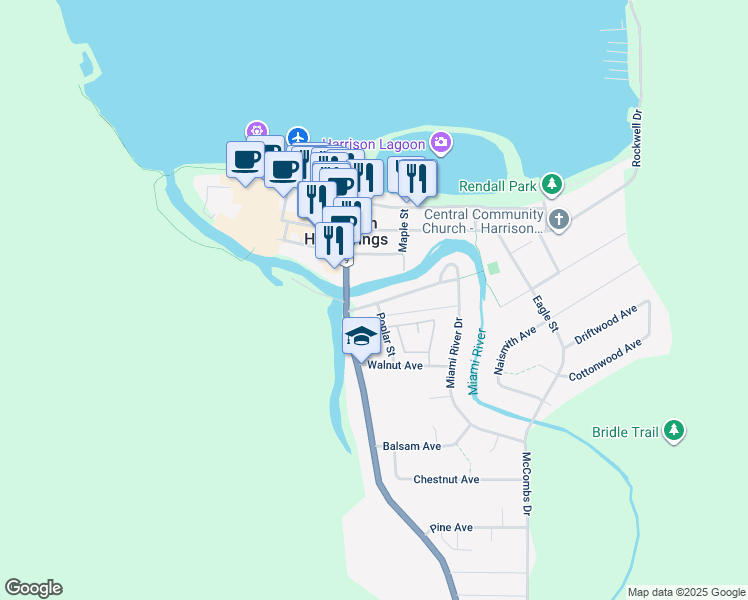 map of restaurants, bars, coffee shops, grocery stores, and more near 221 Miami River Drive in Harrison Hot Springs