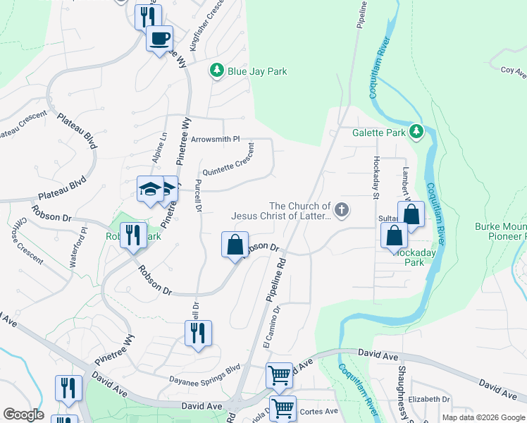 map of restaurants, bars, coffee shops, grocery stores, and more near 1463 Blackwater Place in Coquitlam