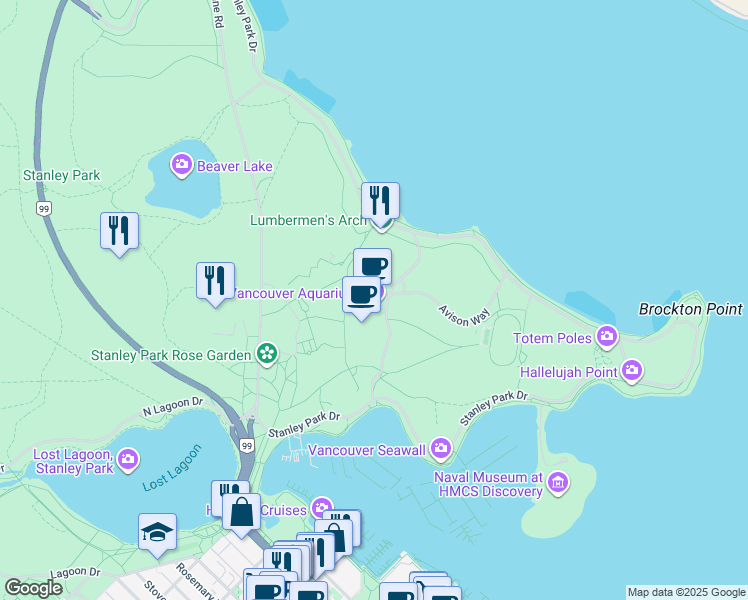 map of restaurants, bars, coffee shops, grocery stores, and more near 845 Avison Way in Vancouver