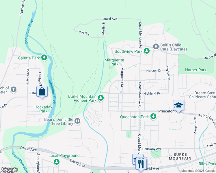 map of restaurants, bars, coffee shops, grocery stores, and more near 3346 Devonshire Avenue in Coquitlam
