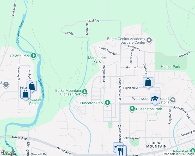 map of restaurants, bars, coffee shops, grocery stores, and more near 3355 Devonshire Avenue in Coquitlam