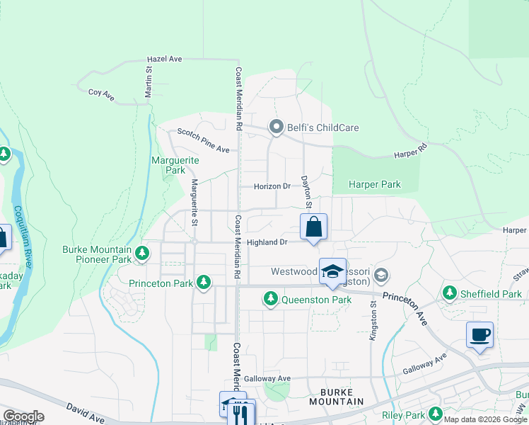 map of restaurants, bars, coffee shops, grocery stores, and more near 3400 Devonshire Avenue in Coquitlam