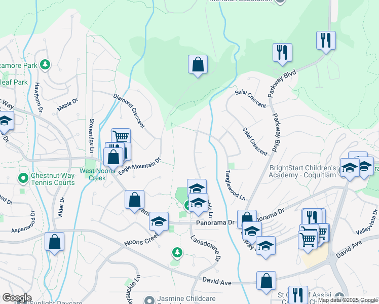 map of restaurants, bars, coffee shops, grocery stores, and more near 1568 Bramble Lane in Coquitlam