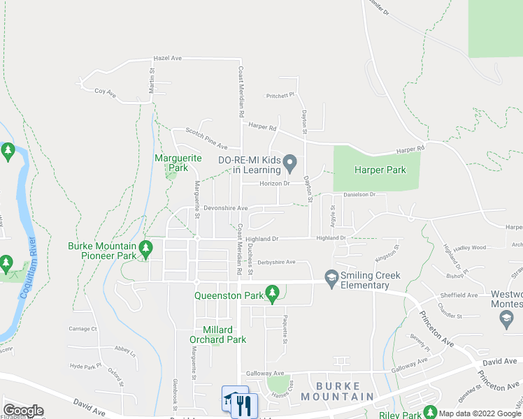 map of restaurants, bars, coffee shops, grocery stores, and more near 3400 Devonshire Avenue in Coquitlam
