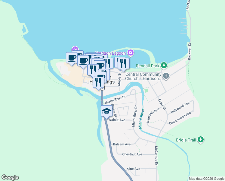 map of restaurants, bars, coffee shops, grocery stores, and more near 21 Cedar Avenue in Harrison Hot Springs