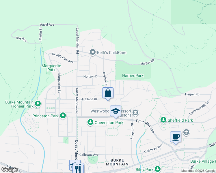 map of restaurants, bars, coffee shops, grocery stores, and more near 1451 Dayton Street in Coquitlam