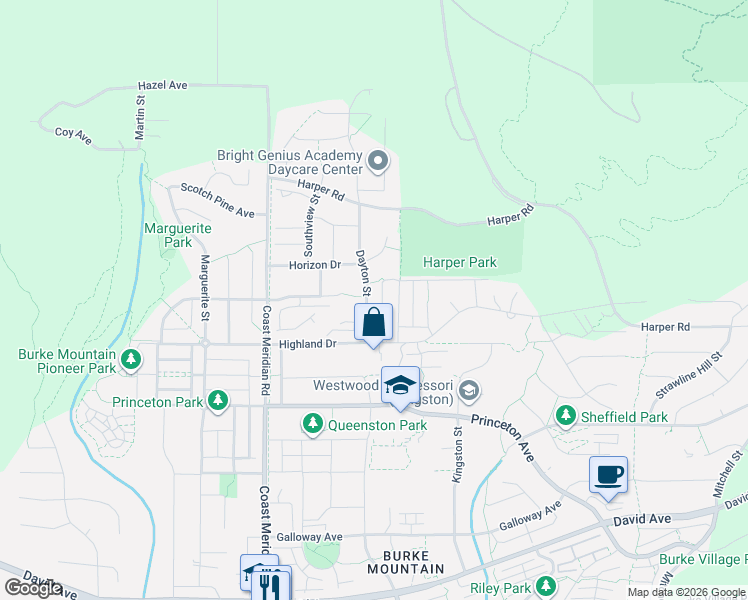 map of restaurants, bars, coffee shops, grocery stores, and more near 1451 Dayton Street in Coquitlam