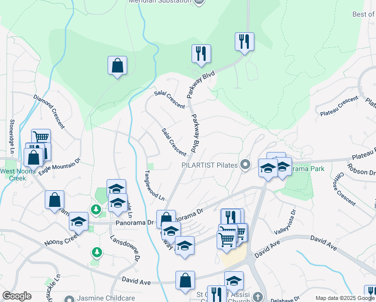 map of restaurants, bars, coffee shops, grocery stores, and more near 1532 Parkway Boulevard in Coquitlam