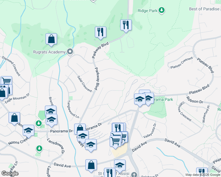 map of restaurants, bars, coffee shops, grocery stores, and more near 1550 Rockcress Place in Coquitlam